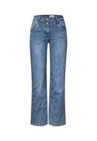 Jeans en denim bleu clair avec une coupe droite, deux poches avant et deux boutons à la taille. Texture usée sur l'ensemble.