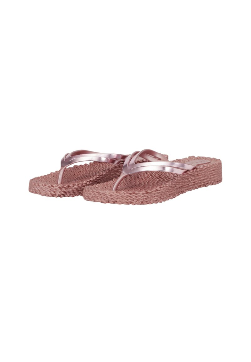 Pair of pink wedge flip-flops with textured braided soles and shiny slim straps on a white background.