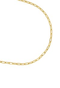 Gullkjede med forlengede, sammenkoblede lenker. Jevn tekstur med en polert overflate, som viser et minimalistisk design.