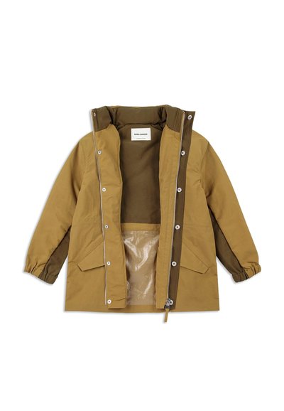 Gelb-braune isolierte Jacke mit einem Reißverschluss vorne, Druckknopfverschlüssen, zwei Fronttaschen und einem glatten Innenfutter. Verfügt über eine Kapuze und elastische Bündchen.