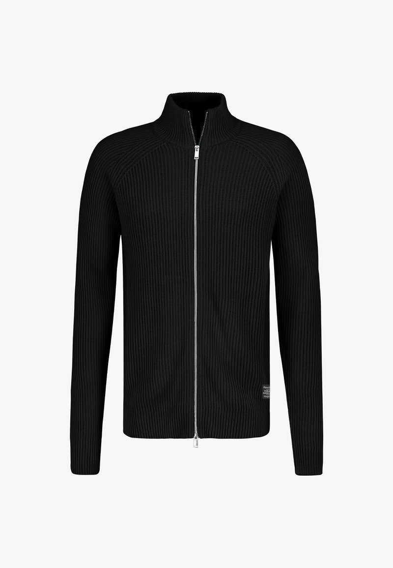 Schwarzer gerippter Pullover mit hohem Kragen und durchgehendem Reißverschluss. Verfügt über lange Ärmel und einen strukturierten Stoff mit körpernaher Silhouette.