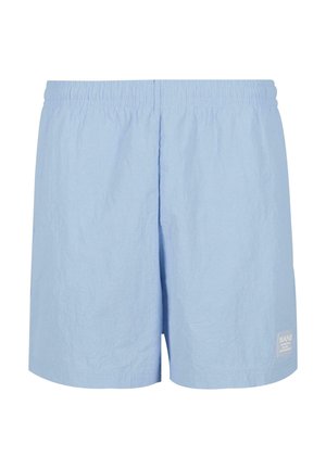 Helle blaue Shorts mit elastischem Bund, aus leichtem Material gefertigt. Verfügt über ein kleines weißes Logolabel in der unteren rechten Ecke. Glatte Textur.