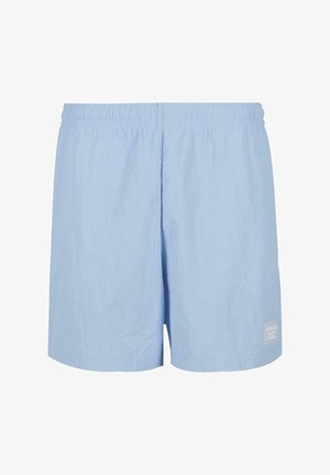 Jasnoniebieskie spodenki z elastycznym paskiem w talii, wykonane z lekkiego materiału. Posiadają małą białą metkę z logo w prawym dolnym rogu. Gładka tekstura.