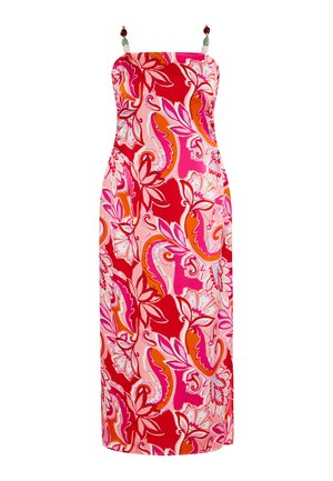 Virágmintás maxi ruha vékony pántokkal, élénk rózsaszín, piros és narancssárga paisley mintákkal, könnyű anyagra. Gyöngyös részletekkel díszítve.