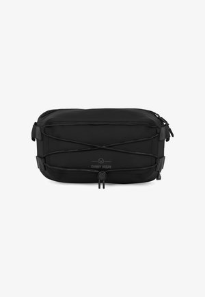 Borsa a tracolla nera di forma rettangolare, realizzata in materiale liscio, con un design a corda elastica e chiusura con zip.