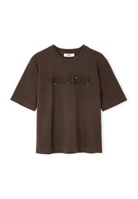 Bruine T-shirt met korte mouwen van katoen, met het woord "tassollato" geborduurd in donkere draad en versierd met studs.