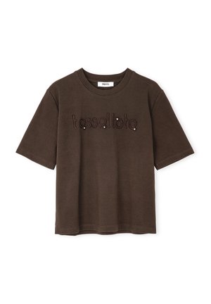 Brązowa koszulka T-shirt z krótkim rękawem, wykonana z bawełny, z wyszytym słowem "tassollato" ciemnymi nićmi oraz dekoracyjnymi ćwiekami.