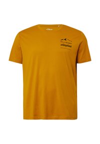 Mustard yellow cotton t-shirt with short sleeves and a round neckline. Features a black mountain graphic and "whiteplains" text on the front.