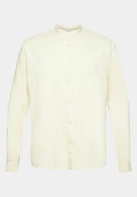 Camicia a maniche lunghe in cotone crema con colletto alla coreana, chiusura frontale con bottoni e maniche aderenti. Texture liscia, design minimalista.