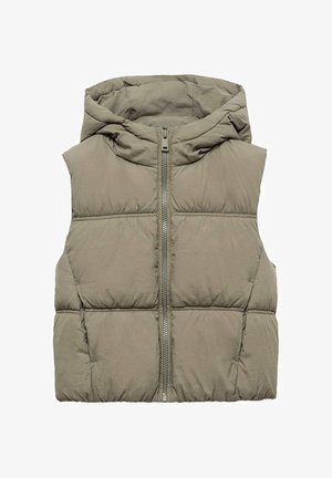 Gilet imbottito senza maniche di colore verde oliva con cappuccio, dotato di zip frontale e cuciture orizzontali per un aspetto trapuntato.