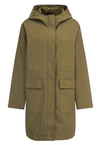 Olive green hooded jacket with a straight cut, two front patch pockets, and a smooth fabric texture. Features a zipper and button closure.