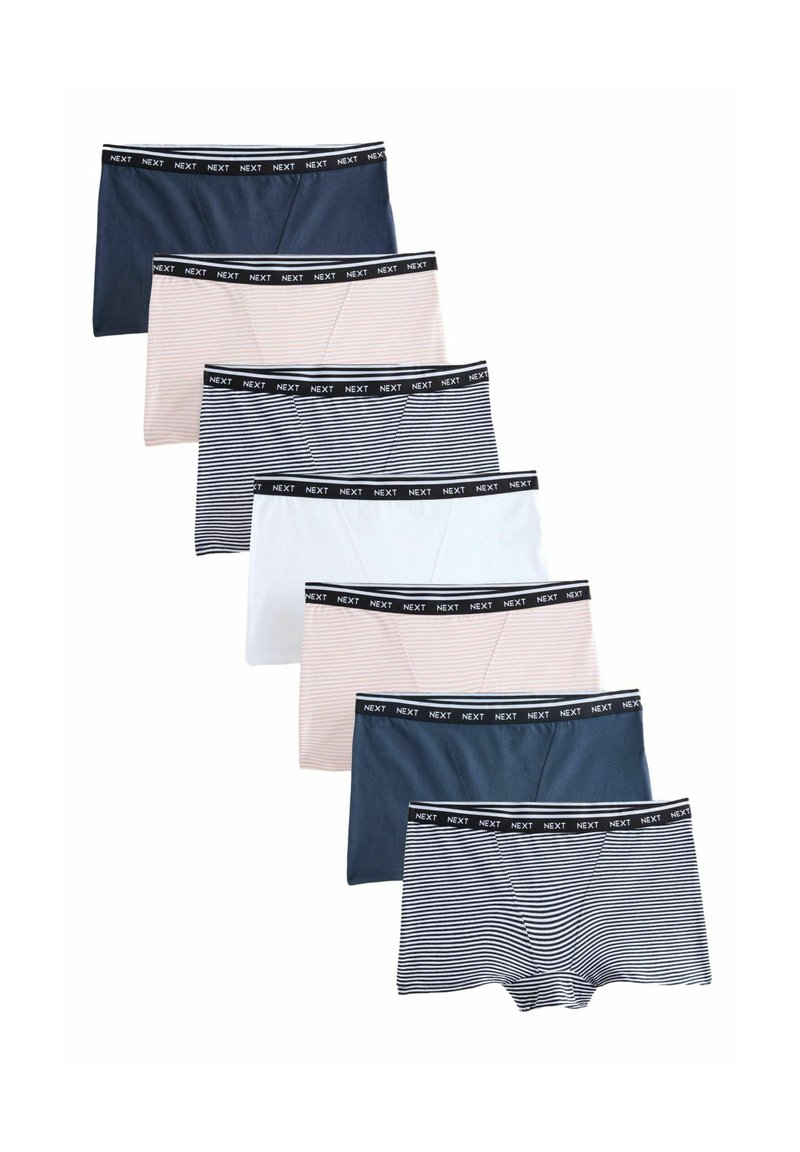 Seven pairs of men’s boxer briefs in varying colors: navy, light pink, white, and striped designs. Each features a black elastic waistband.