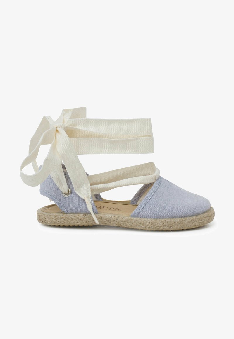 Light blue canvas espadrille with a textured jute sole. Features white cotton straps for tying. Open design with breathable fabric.