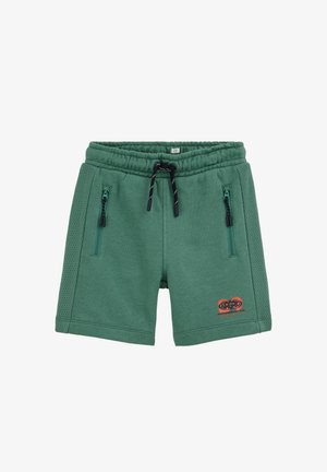 Shorts verts à cordon avec panneaux latéraux en mesh, deux poches zippées à l'avant, et un petit logo rouge et noir sur la jambe gauche.