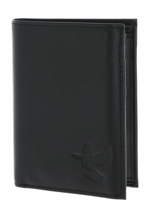 Portefeuille noir en cuir bifold avec colombe en relief tenant une branche d'olivier dans le coin inférieur droit.