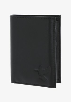 Cartera negra de cuero bifold con paloma en relieve que sostiene una rama de olivo en la esquina inferior derecha.