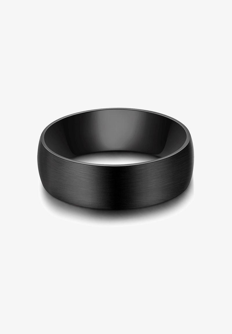 Schwarzer Metallring mit einer glatten, matten Oberfläche. Abgerundete Form und leicht geschwungene Kanten. Innenseite ist poliert und reflektiert das Licht dezent.