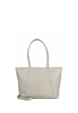 Borsa tote grigio chiaro con texture coccodrillo, due manici e tracolla regolabile, posata davanti su sfondo bianco.