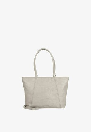 Borsa tote grigio chiaro con texture coccodrillo, due manici e tracolla regolabile, posata davanti su sfondo bianco.