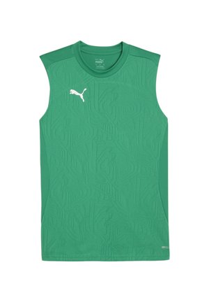 Groene mouwloze sportshirt met een textuurpatroon, ronde halslijn en wit Puma-logo op de bovenkant van de linkervoorzijde. Gemaakt van ademend materiaal.