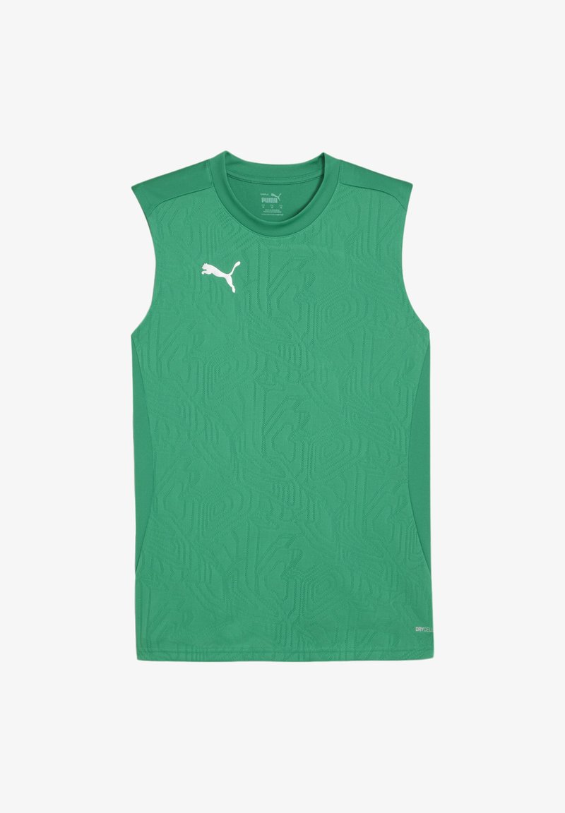 Grünes ärmelloses Sportshirt mit strukturiertem Muster, Rundhalsausschnitt und weißem Puma-Logo auf der oberen linken Vorderseite. Hergestellt aus atmungsaktivem Material.