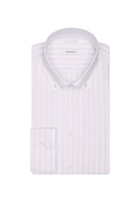 Witte overhemdd met lichtblauwe verticale strepen, met een button-down kraag en een enkele borstzak. Bevat parelknopen en een gladde textuur.