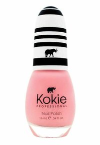 Kokie ammattimainen kynsilakka vaaleanpunaisessa pakkauksessa. Pyöreä lasipullo, jossa on musta-valkoinen raidallinen korkki, jossa on norsun kuvio.