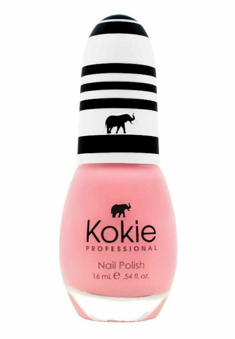 Kokie ammattimainen kynsilakka vaaleanpunaisessa pakkauksessa. Pyöreä lasipullo, jossa on musta-valkoinen raidallinen korkki, jossa on norsun kuvio.