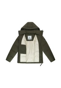 Giacca parka imbottita in verde oliva con cappuccio, con interno crema e numerose tasche. Chiusura con zip e tessuto texturizzato.