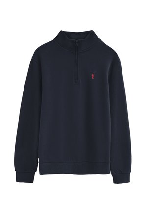 Marineblå langærmet pullover med kvartlynlås og lille rød golfer-logo på venstre bryst, ribbet manchetter og kant.