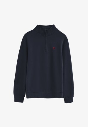Marineblå langærmet pullover med kvartlynlås og lille rød golfer-logo på venstre bryst, ribbet manchetter og kant.