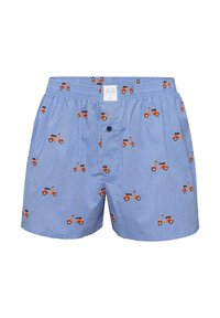 Blauwe katoenen boxershorts met een elastische tailleband, voorzien van een herhalend patroon van oranje scooters en zwarte accenten. Sluiting met één knoop aan de voorkant.