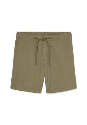 Shorts vert olive en tissu texturé, avec une taille élastique et un cordon de serrage ajustable. Comprend deux poches latérales et un ourlet droit.