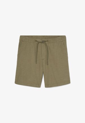 Pantalones cortos de color verde oliva con una tela texturizada, cinturilla elástica y cordón ajustable. Presenta dos bolsillos laterales y un dobladillo recto.