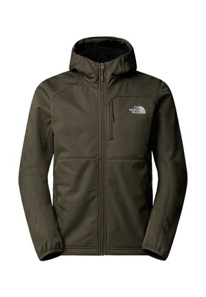 Olivengrøn, zip-up jakke med hætte, der har en blød, tekstureret foring og hvidt logo på venstre bryst. Tætsiddende design og elastiske manchetter.