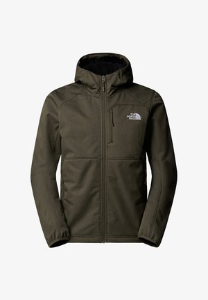 Olivengrøn, zip-up jakke med hætte, der har en blød, tekstureret foring og hvidt logo på venstre bryst. Tætsiddende design og elastiske manchetter.