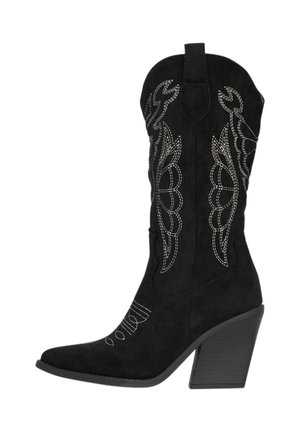 Zwarte suède cowboylaars met een spitse neus, gemiddelde blokhak en zilveren decoratieve stiksels met ingewikkelde bloempatronen.