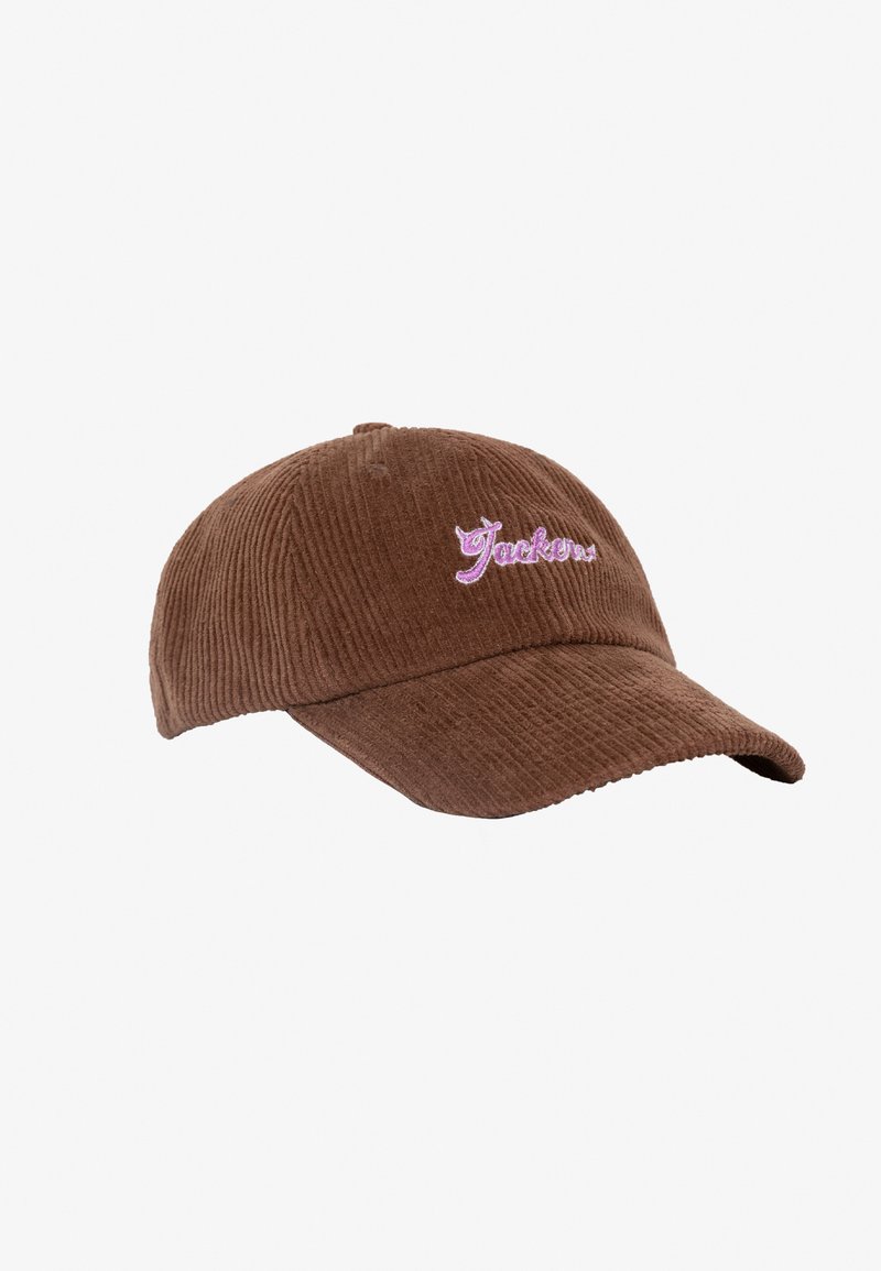 Braune Kordmütze mit gebogenem Schirm und rosa gesticktem Text auf der Vorderseite. Der Text lautet „Jackson“. Der Stoff hat eine strukturierte Rippung.