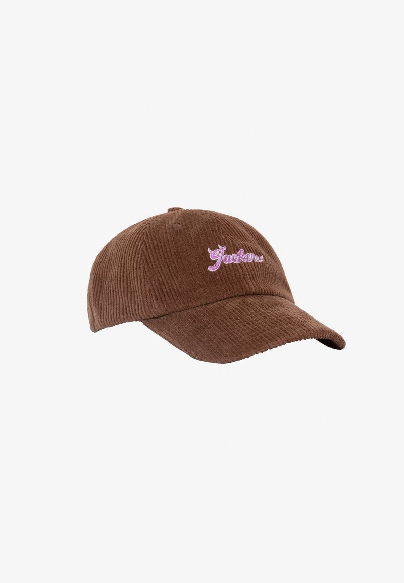Brown corduroy cap with a curved brim and pink embroidered text on the front. Text reads “Jackson.” Fabric has textured ribbing.