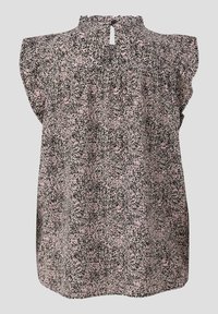 Losse blouse met een hoge halslijn, korte, zwierige mouwen en een sleuf aan de achterkant. Heeft een zwart en roze abstract patroon op zachte stof.