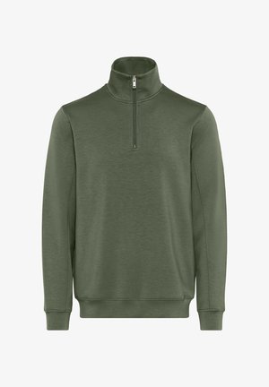 Pull en polaire vert avec un col montant et une fermeture éclair courte. Il possède des manches longues et une texture simple et lisse.