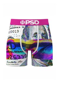 Šareni muški bokserici s uzorkom novčanice, ružičasta elastična traka s "PSD" logom i bijelim šavovima. Mekani, rastezljivi materijal.