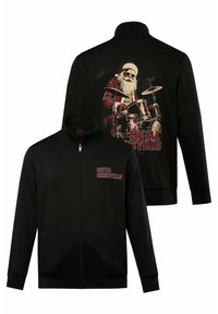 Sudadera con cremallera negra y cuello alto, que presenta un gráfico de Santa tocando la batería en la parte posterior y el texto "NAVIDAD METAL" en la parte delantera.