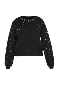 Pulover negru tricotat cu textură ribbed, având embellishments cu perle pe umeri și mâneci, guler rotund și mâneci lungi.