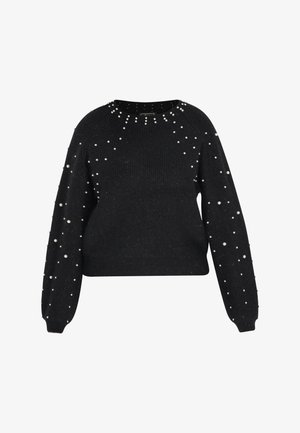Schwarzer Strickpullover mit gerippter Textur, verziert mit Perlenapplikationen an Schultern und Ärmeln, runden Ausschnitt und langen Ärmeln.