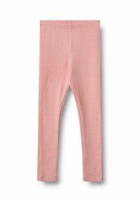 Rosa gerippte Leggings mit einem elastischen Bund. Der Stoff ist weich und dehnbar, um Komfort und Bewegungsfreiheit zu gewährleisten.