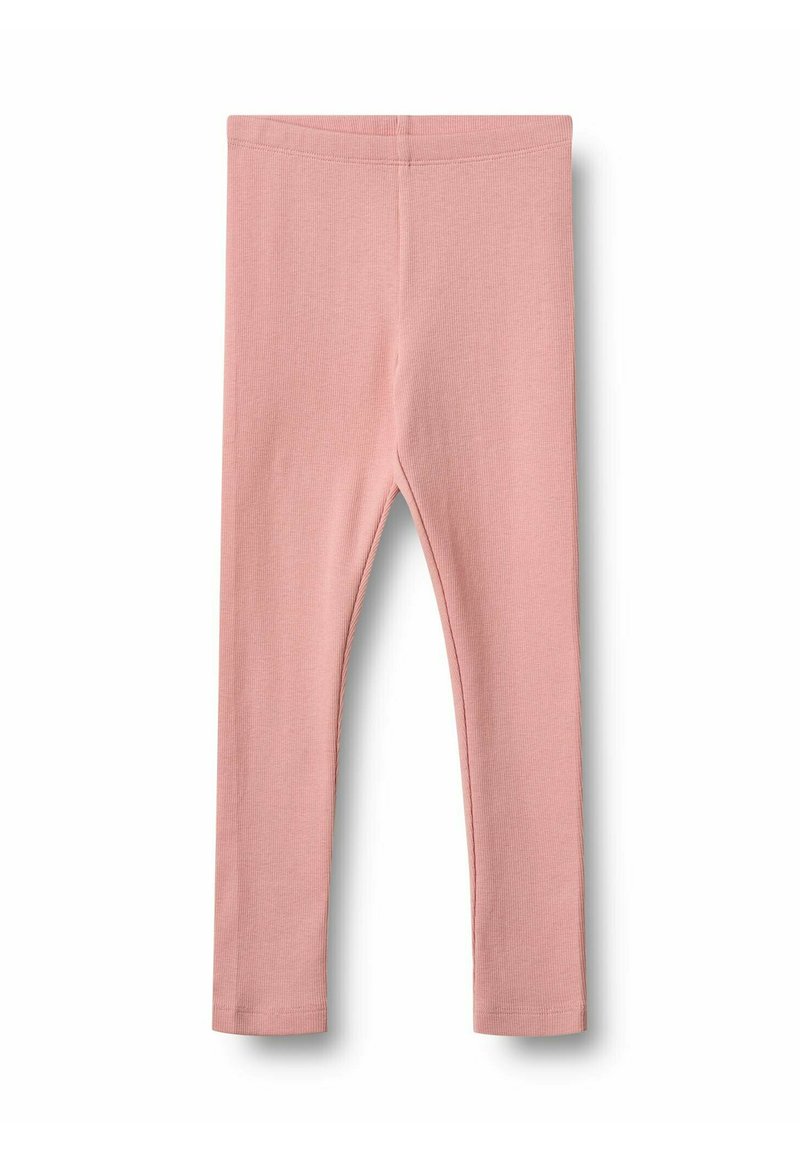 Rosa gerippte Leggings mit einem elastischen Bund. Der Stoff ist weich und dehnbar, um Komfort und Bewegungsfreiheit zu gewährleisten.
