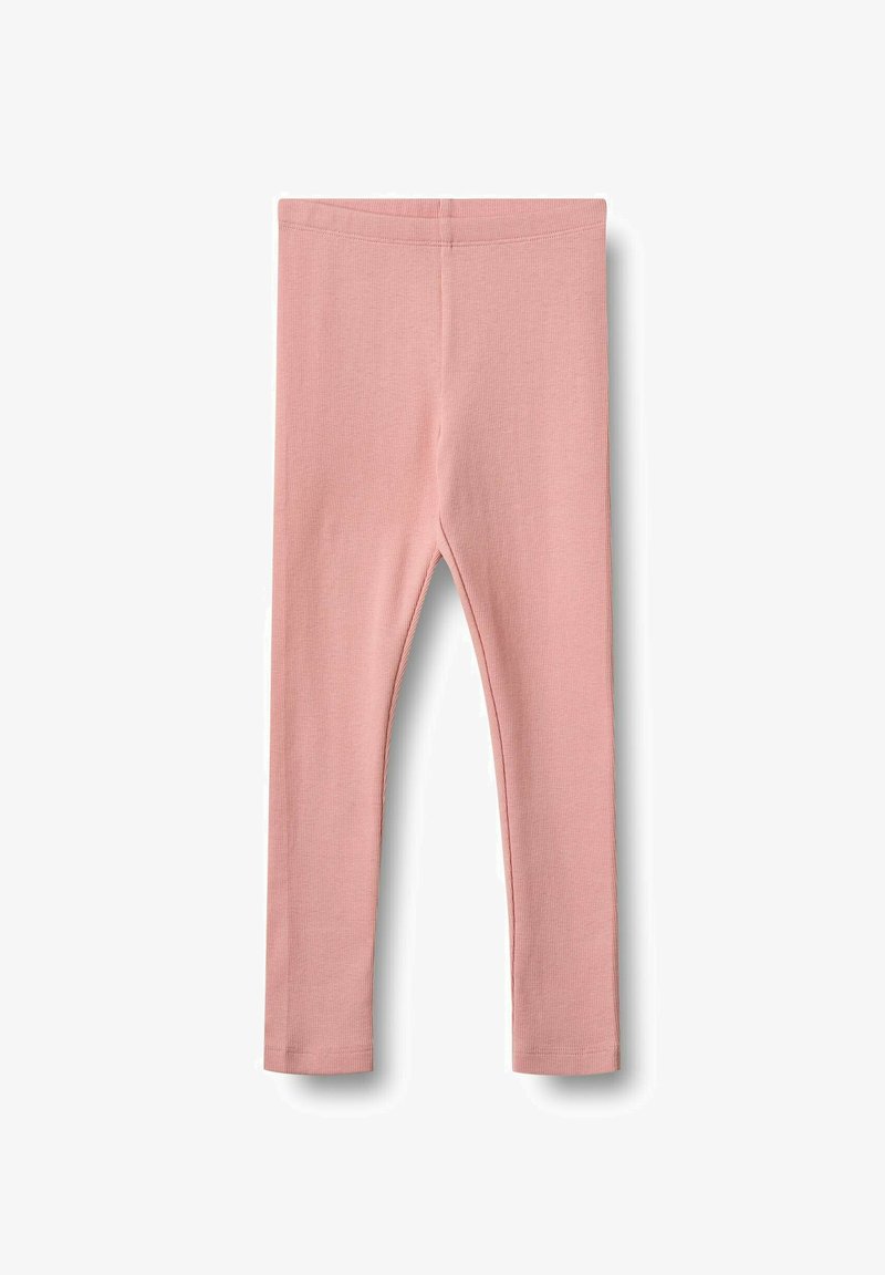 Rosa gerippte Leggings mit einem elastischen Bund. Der Stoff ist weich und dehnbar, um Komfort und Bewegungsfreiheit zu gewährleisten.