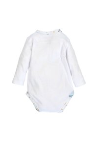 Wit bodysuit met lange mouwen en een kraag, voorzien van een lichtblauwe en gedessineerde rand. Drukknopen aan de onderkant en van zachte, textuurstof katoen.
