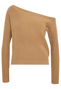Hellbrauner gestrickter Pullover mit einem schulterfreien Design, gerippten Bündchen und Saum. Verfügt über einen strukturierten, weichen Stoff für zusätzlichen Komfort.